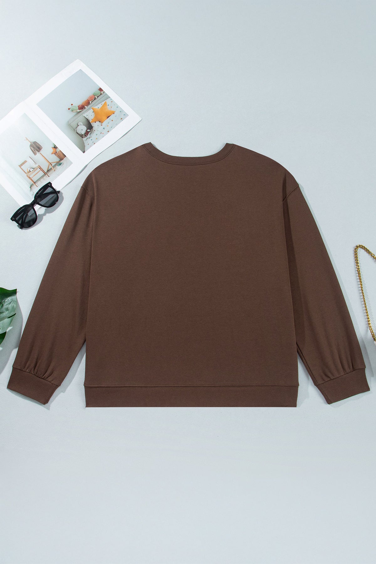 Coffee PRAY Letter Patchwork Round Neck Long Sleeve Plus Size Sweatshirt-Plus Size/Plus Size Sweatshirts & Hoodies-[Adult]-[Female]-2022 Online Blue Zone Planet