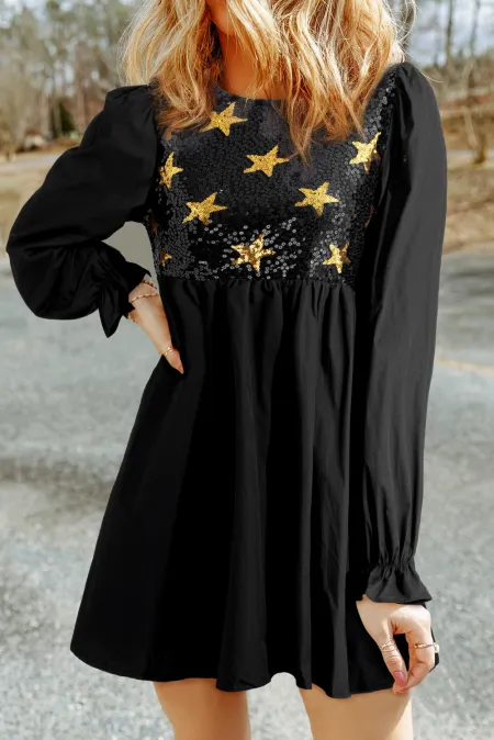 Sequin Star Round Neck Flounce Sleeve Mini Dress-TOPS / DRESSES-[Adult]-[Female]-Black-M-2022 Online Blue Zone Planet