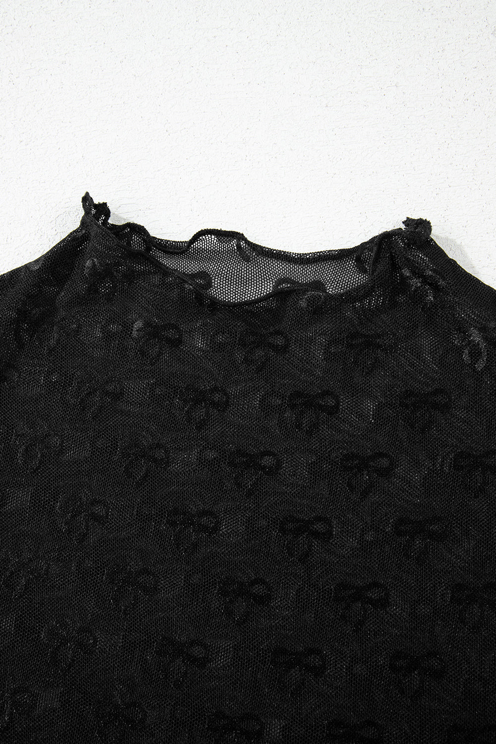 Black Bowknot Sheer Mesh Mock Neck Lettuce Trim Short Sleeve Top-Tops/Tops & Tees-[Adult]-[Female]-2022 Online Blue Zone Planet
