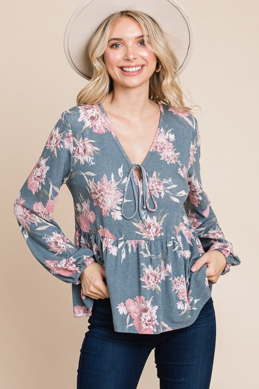 Blue Zone Planet | Super Lady Full Size Babydoll Floral Long Sleeve Blouse-TOPS / DRESSES-[Adult]-[Female]-2022 Online Blue Zone Planet