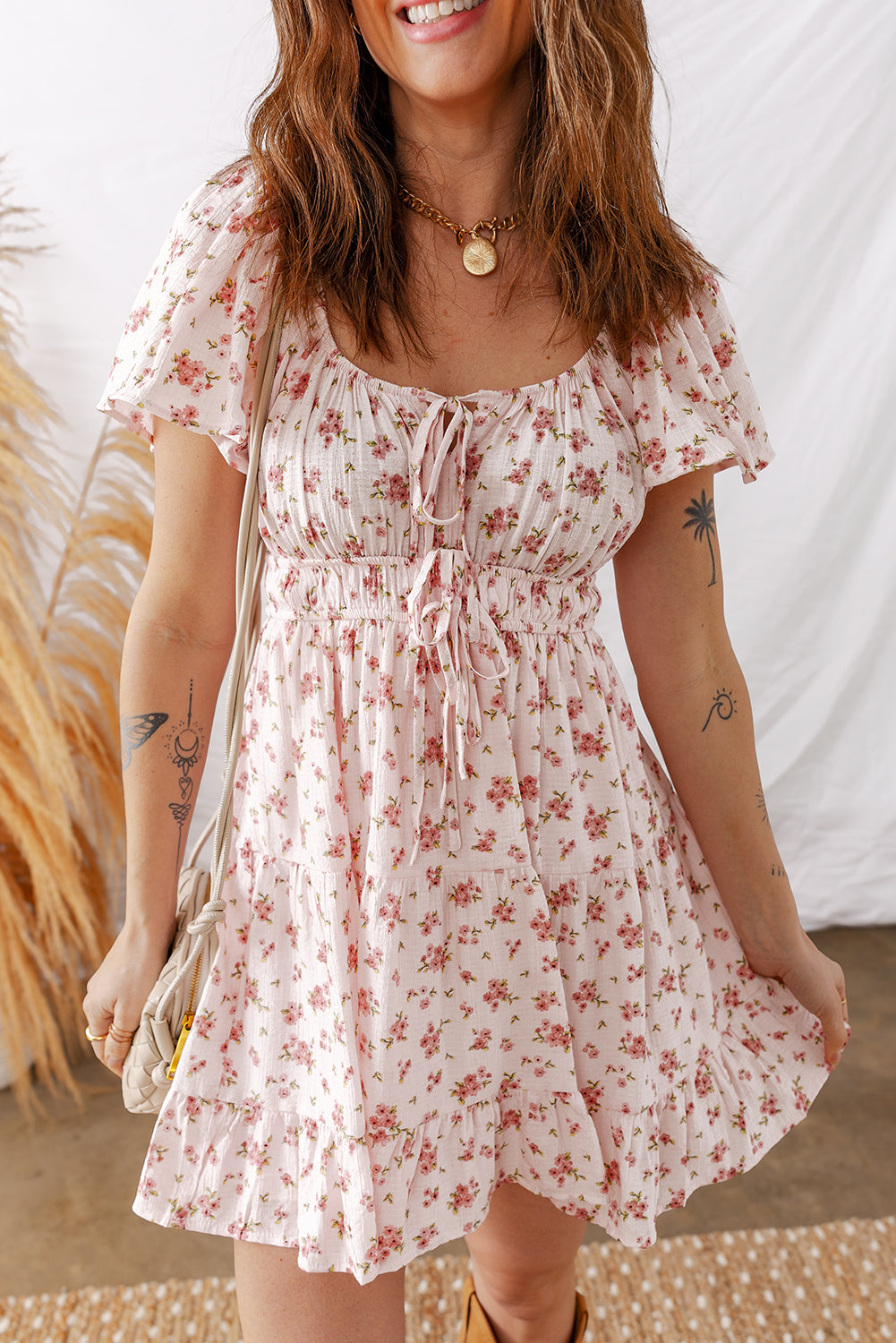 Pink Front Tie Shirred Waist Short Sleeve Ruffled Floral Mini Dress-TOPS / DRESSES-[Adult]-[Female]-Pink-S-2022 Online Blue Zone Planet