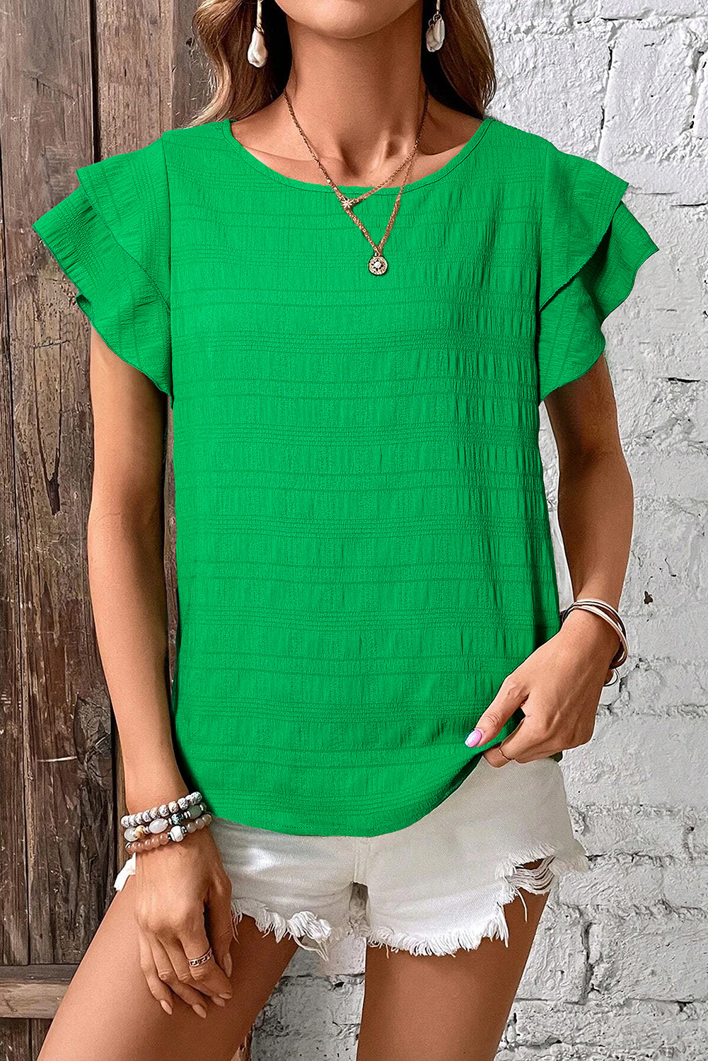 Dark Green Textured Ruffled Sleeve Round Neck Top-Tops/Blouses & Shirts-[Adult]-[Female]-2022 Online Blue Zone Planet
