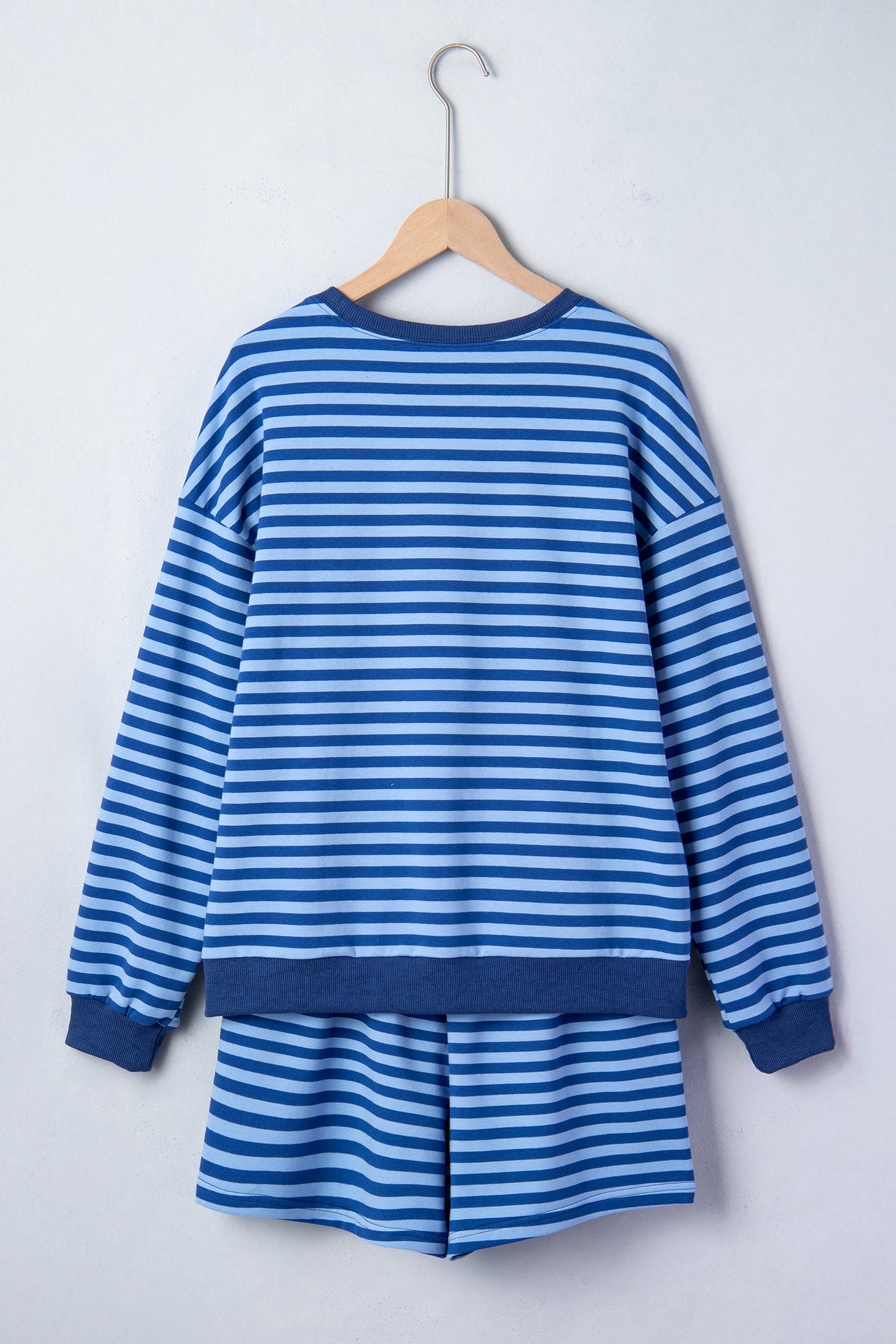 Blue Stripe Drop Shoulder Long Sleeve Pullover Elastic Waist Casual Short Set-Two Piece Sets/Short Sets-[Adult]-[Female]-2022 Online Blue Zone Planet