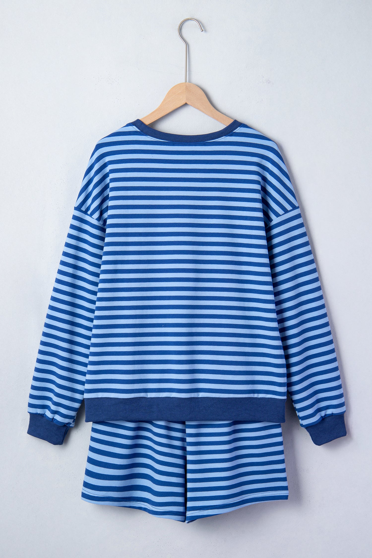 Blue Stripe Drop Shoulder Long Sleeve Pullover Elastic Waist Casual Short Set-Two Piece Sets/Short Sets-[Adult]-[Female]-2022 Online Blue Zone Planet