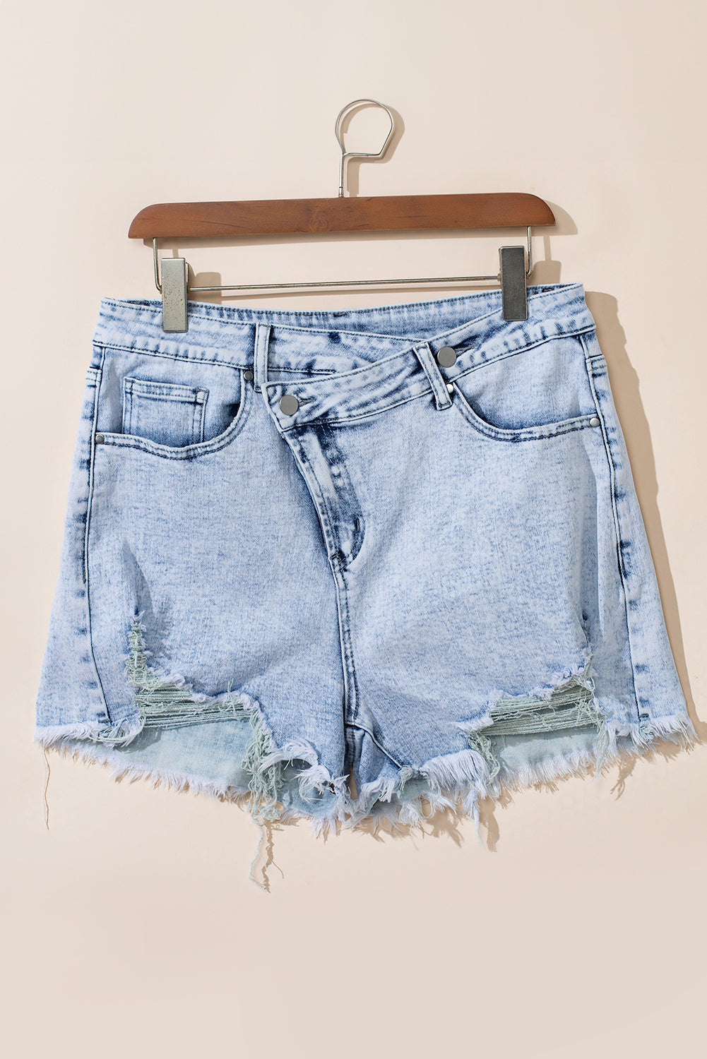 Light Blue Acid Wash Crossed Raw Edge Denim Shorts-Bottoms/Denim Shorts-[Adult]-[Female]-2022 Online Blue Zone Planet