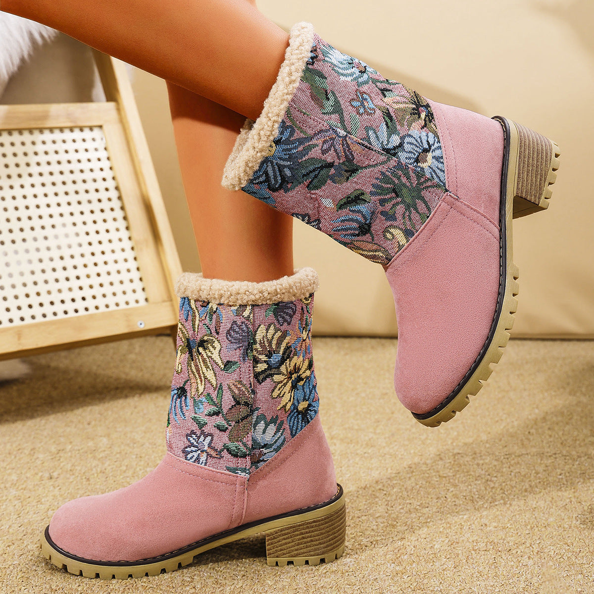 Embroidered Faux Fur Block Heel Boots-SHOES-[Adult]-[Female]-2022 Online Blue Zone Planet