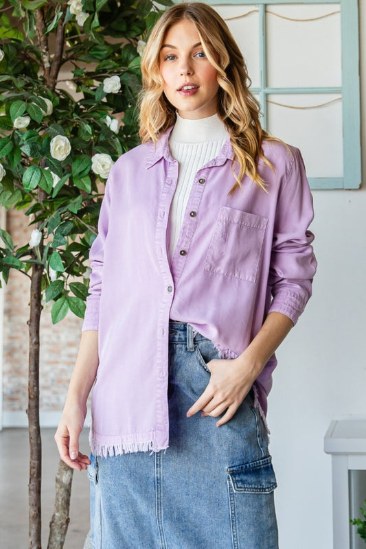 Blue Zone Planet | Veveret Raw Hem Button Up Long Sleeve Shirt-TOPS / DRESSES-[Adult]-[Female]-LAVENDER-S-2022 Online Blue Zone Planet