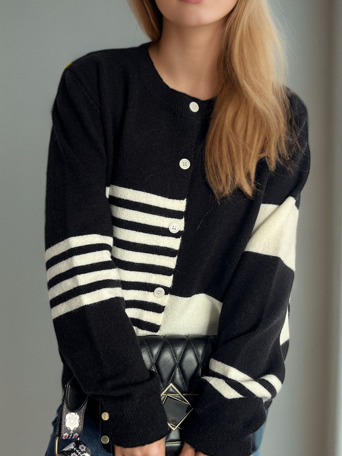 Blue Zone Planet | Striped Color Block Round Neck Cardigan-TOPS / DRESSES-[Adult]-[Female]-2022 Online Blue Zone Planet