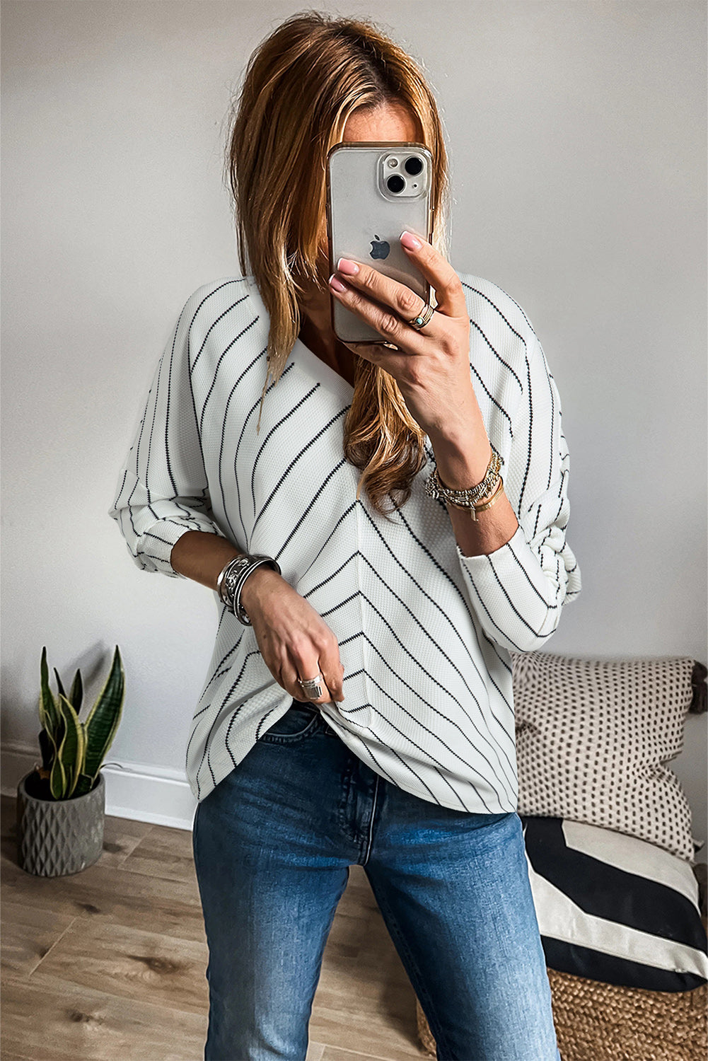 Blue Zone Planet | Black Stripe Chevron Striped V Neck Long Sleeve Casual Top-Tops/Long Sleeve Tops-[Adult]-[Female]-2022 Online Blue Zone Planet