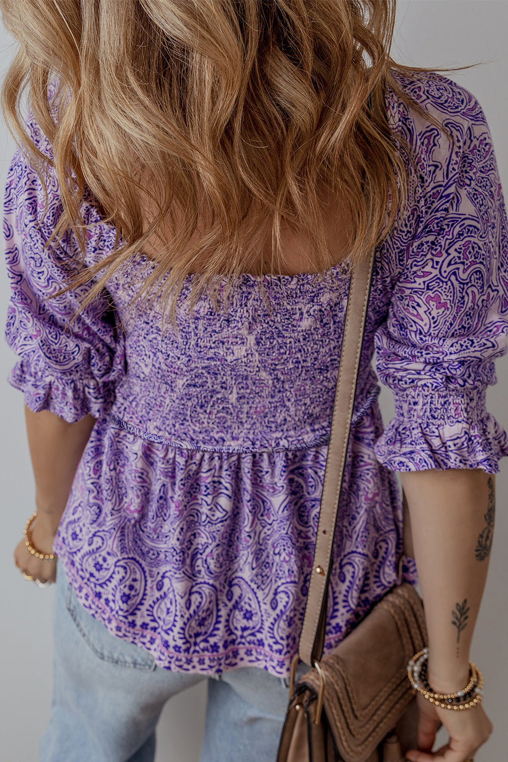 Purple Boho Paisley Print Half Sleeve Shirred Peplum Blouse-Tops/Blouses & Shirts-[Adult]-[Female]-2022 Online Blue Zone Planet