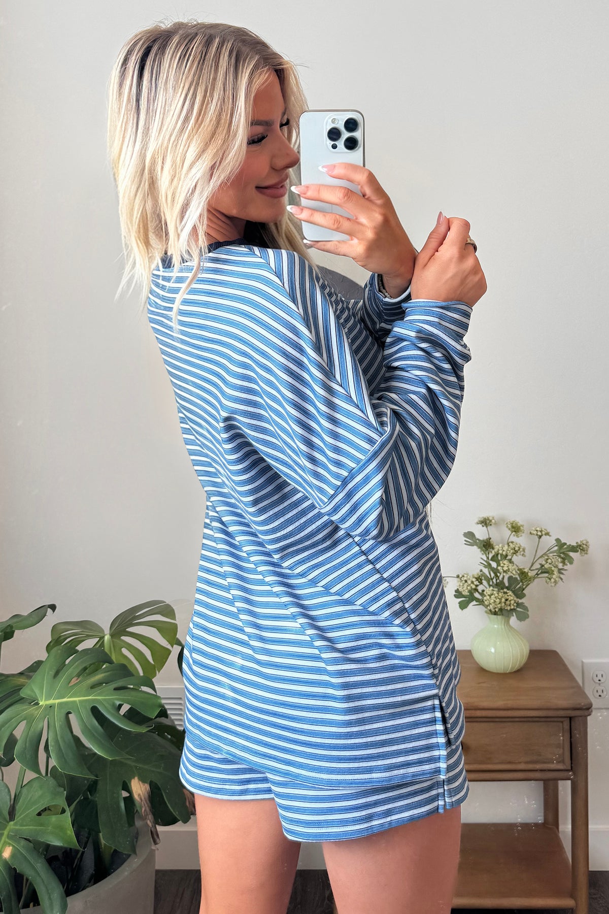 Sky Blue Stripe Long Sleeve Oversized Top Pocketed Casual Shorts Two Piece Set-Two Piece Sets/Short Sets-[Adult]-[Female]-2022 Online Blue Zone Planet