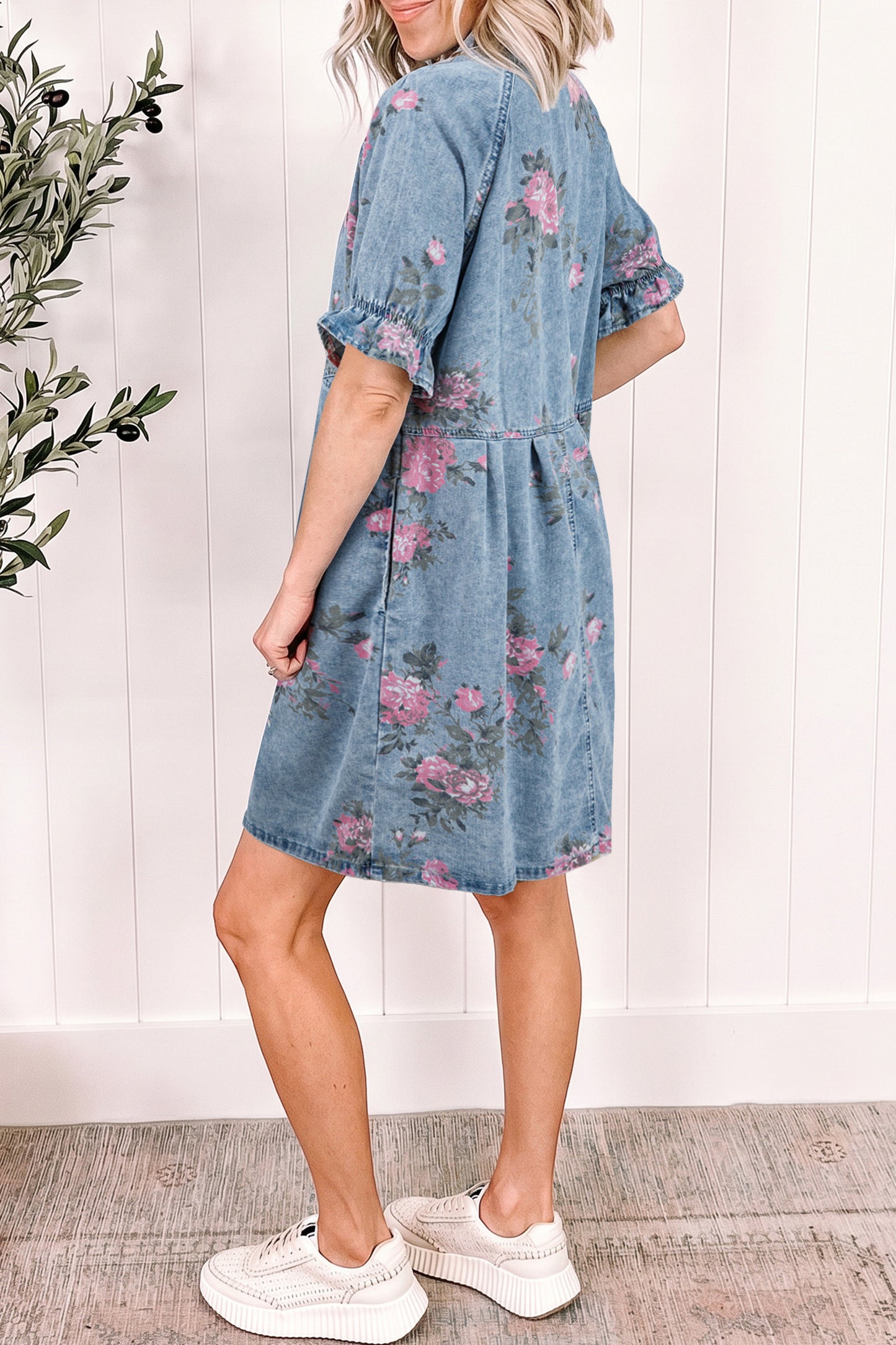 Sky Blue Floral Print Denim Short Sleeve Button Down Dress-Dresses/Mini Dresses-[Adult]-[Female]-2022 Online Blue Zone Planet