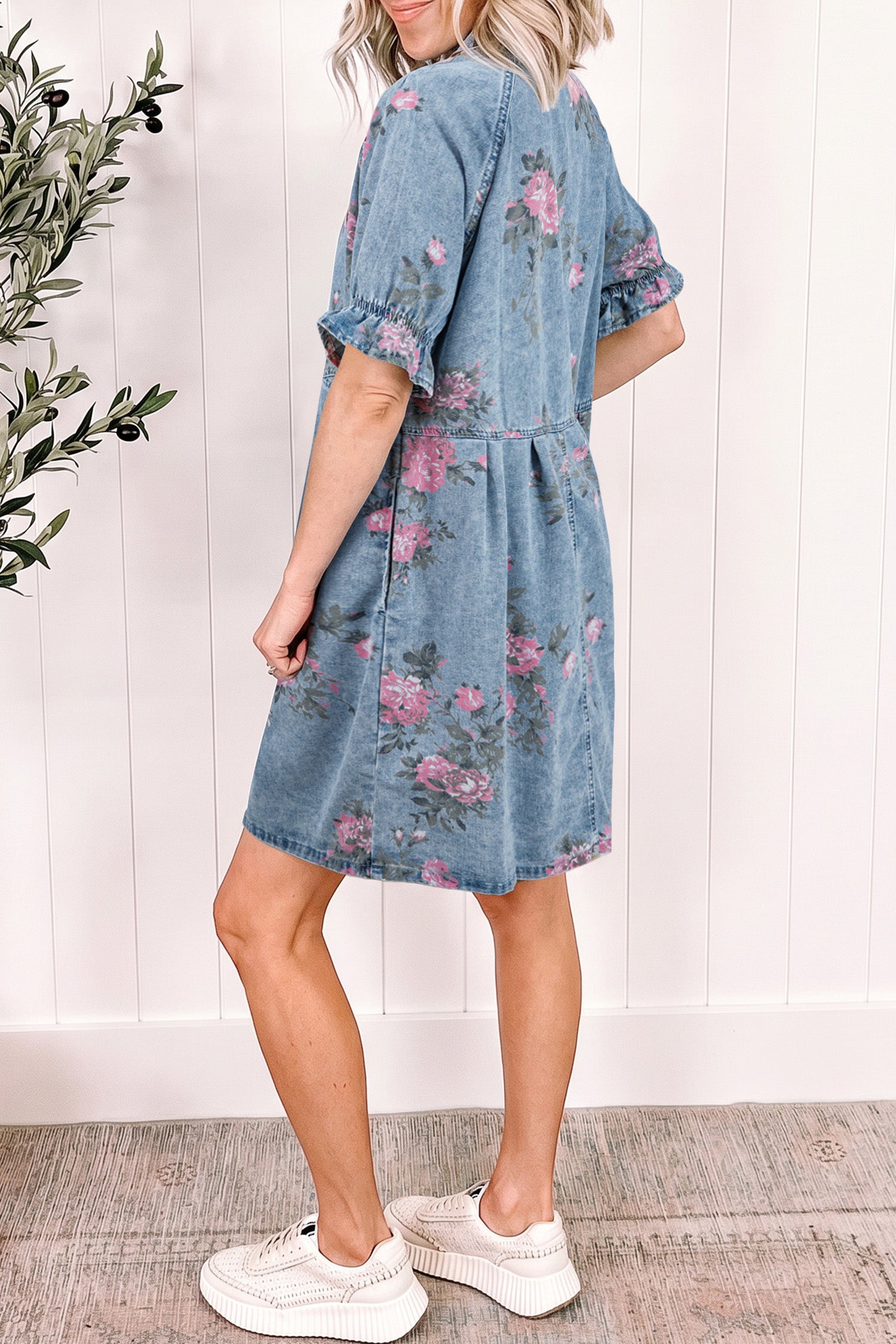 Sky Blue Floral Print Denim Short Sleeve Button Down Dress-Dresses/Mini Dresses-[Adult]-[Female]-2022 Online Blue Zone Planet