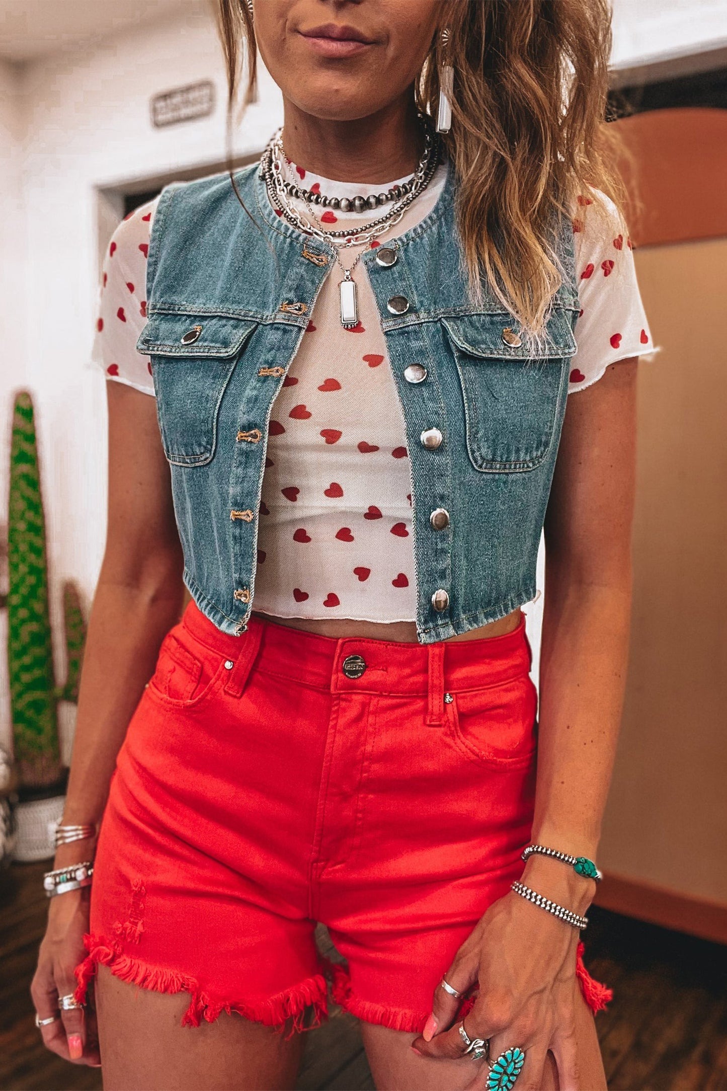 Red Allover Heart Print Mesh Short Sleeve Top-Tops & Tees-[Adult]-[Female]-2022 Online Blue Zone Planet