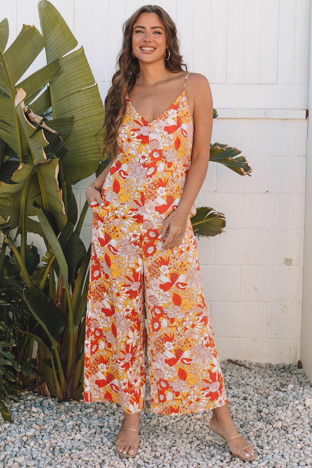 Orange Floral V Neck Wide Leg Sleeveless Jumpsuit-Bottoms/Jumpsuits & Rompers-[Adult]-[Female]-Orange-S-2022 Online Blue Zone Planet
