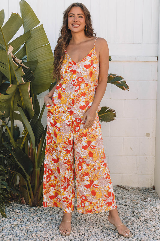 Orange Floral V Neck Wide Leg Sleeveless Jumpsuit-Bottoms/Jumpsuits & Rompers-[Adult]-[Female]-Orange-S-2022 Online Blue Zone Planet