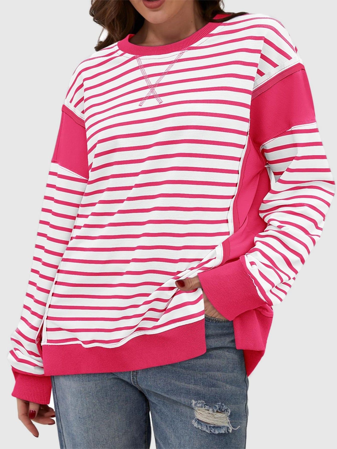 Slit Exposed Seam Striped Long Sleeve Sweatshirt-TOPS / DRESSES-[Adult]-[Female]-Strawberry-S-2022 Online Blue Zone Planet