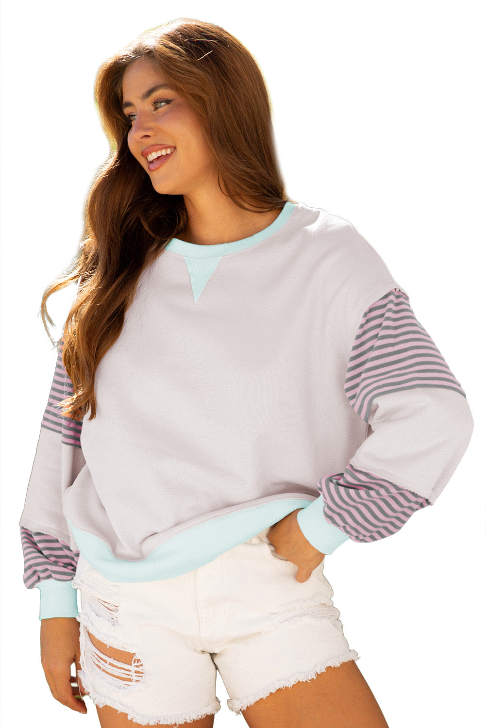 Delicacy Striped Colorblock Patchwork Drop Shoulder Sweatshirt-Tops/Sweatshirts & Hoodies-[Adult]-[Female]-2022 Online Blue Zone Planet