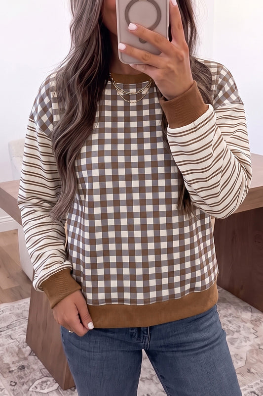 Brown Plaid Striped Patchwork Long Sleeve Casual Top-Tops/Long Sleeve Tops-[Adult]-[Female]-Brown-S-2022 Online Blue Zone Planet