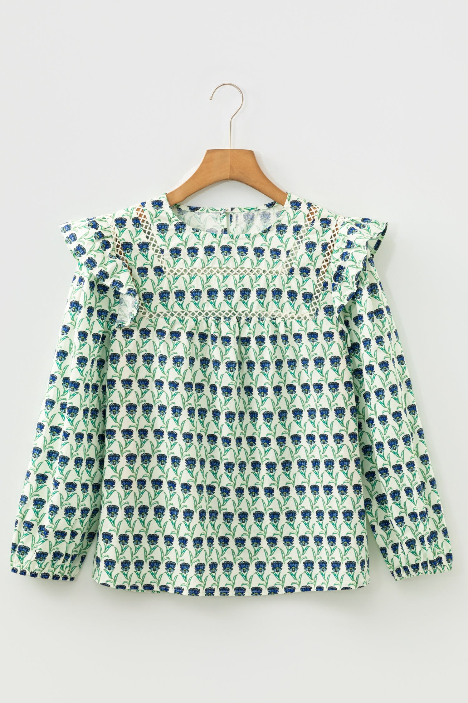 Green Floral Print Lace Detail Ruffle Trim Long Sleeve Blouse-Tops/Blouses & Shirts-[Adult]-[Female]-2022 Online Blue Zone Planet