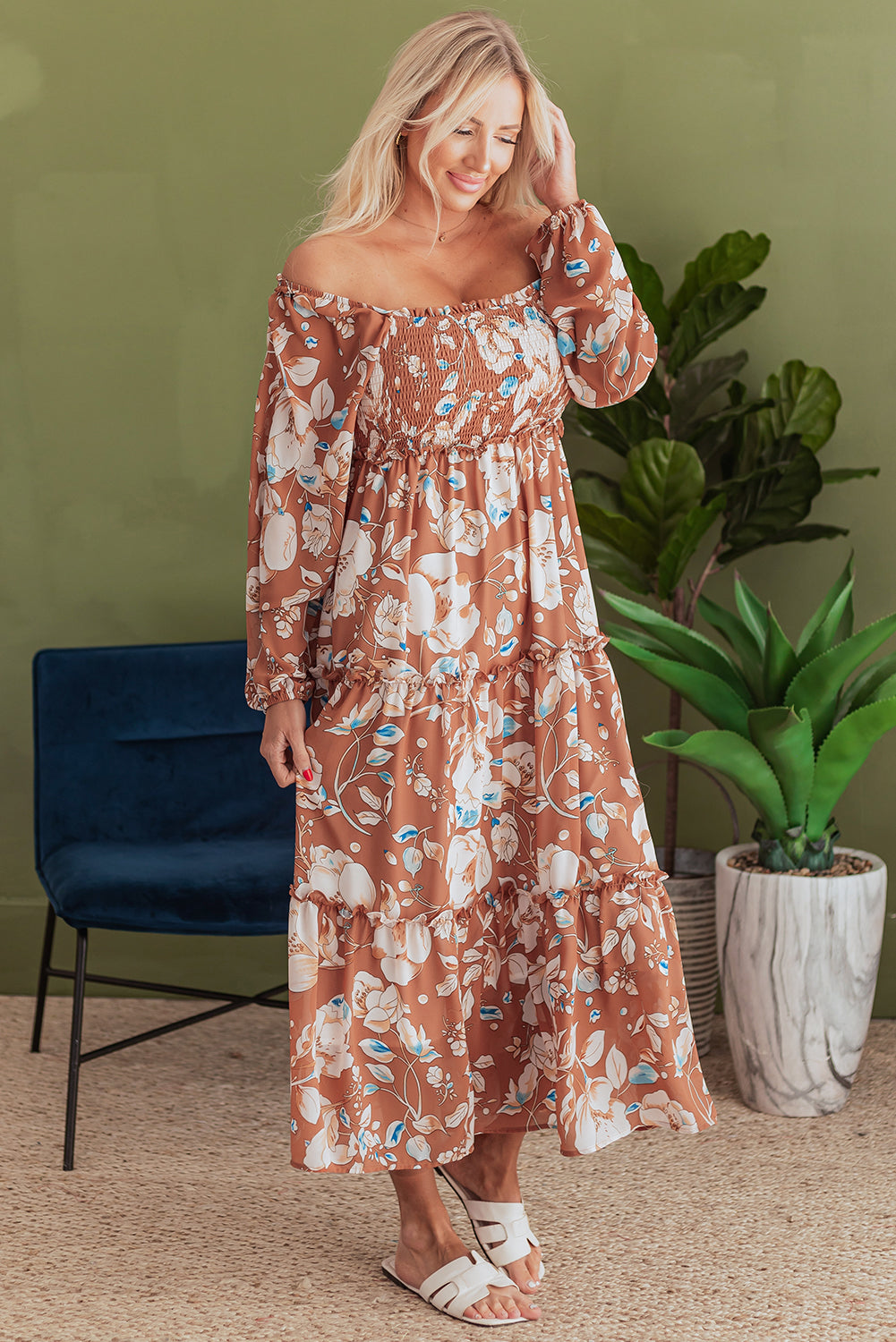 Blue Zone Planet | Brown Floral Print Shirred Square Neck High Waist Maxi Dress-TOPS / DRESSES-[Adult]-[Female]-2022 Online Blue Zone Planet