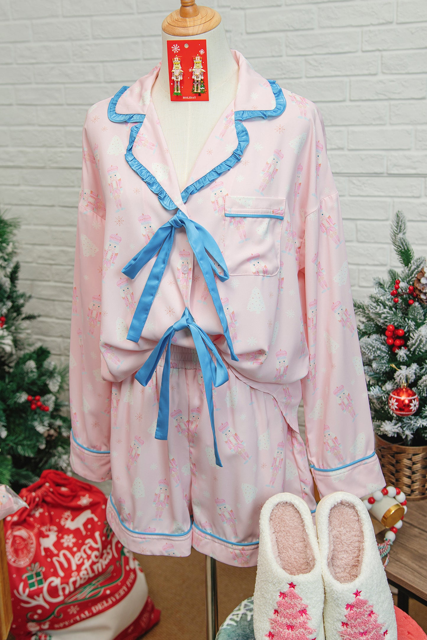 Pink Bow Tie Front Christmas Nutcracker Long Sleeve Shirt Shorts Pajama Set-Loungewear & Sleepwear/Sleepwear-[Adult]-[Female]-2022 Online Blue Zone Planet