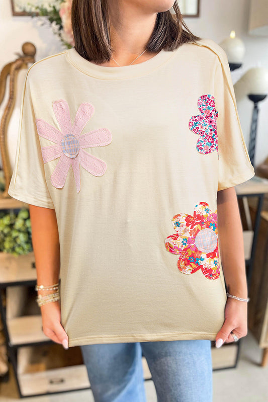 Apricot Flower Patched Exposed Stitching Trim Crew Neck Loose Tee-Tops/Tops & Tees-[Adult]-[Female]-Apricot-S-2022 Online Blue Zone Planet