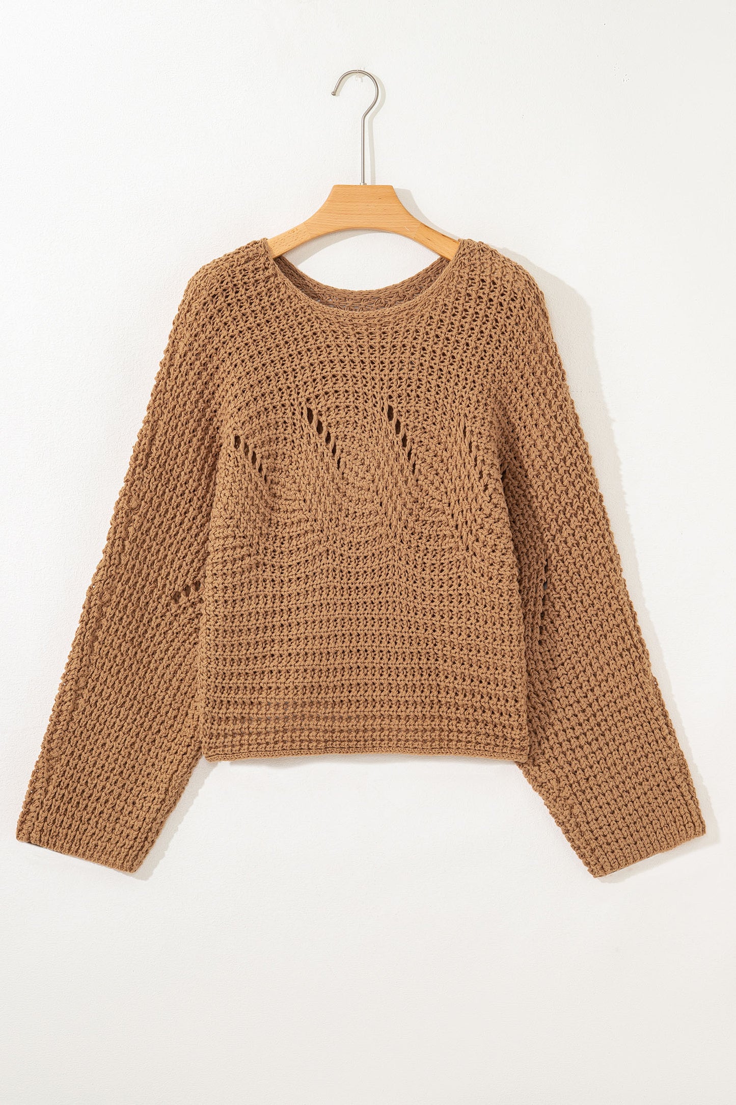 Camel Hollowed Detail Wide Sleeve Loose Pullover Sweater-TOPS / DRESSES-[Adult]-[Female]-2022 Online Blue Zone Planet