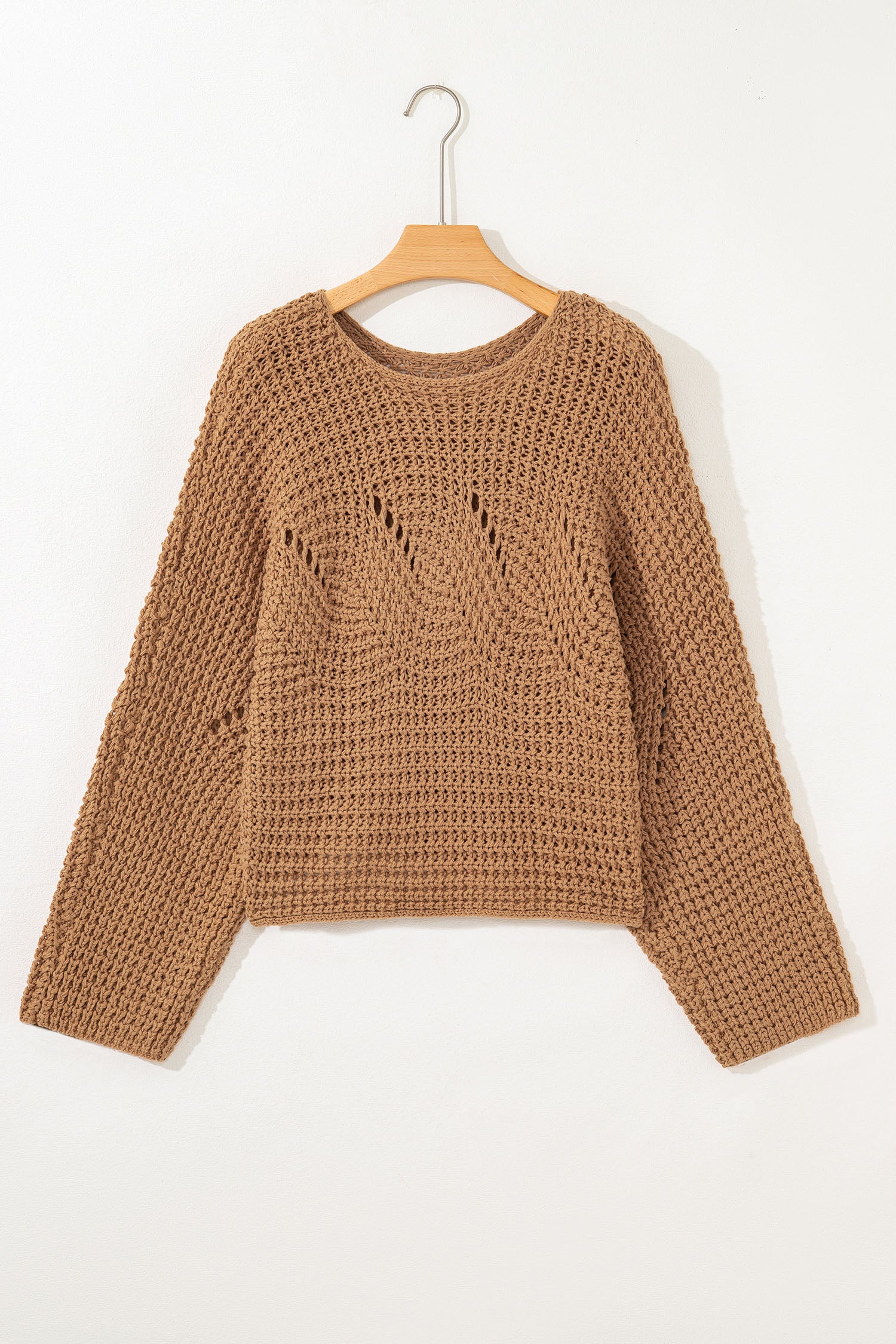 Camel Hollowed Detail Wide Sleeve Loose Pullover Sweater-TOPS / DRESSES-[Adult]-[Female]-2022 Online Blue Zone Planet