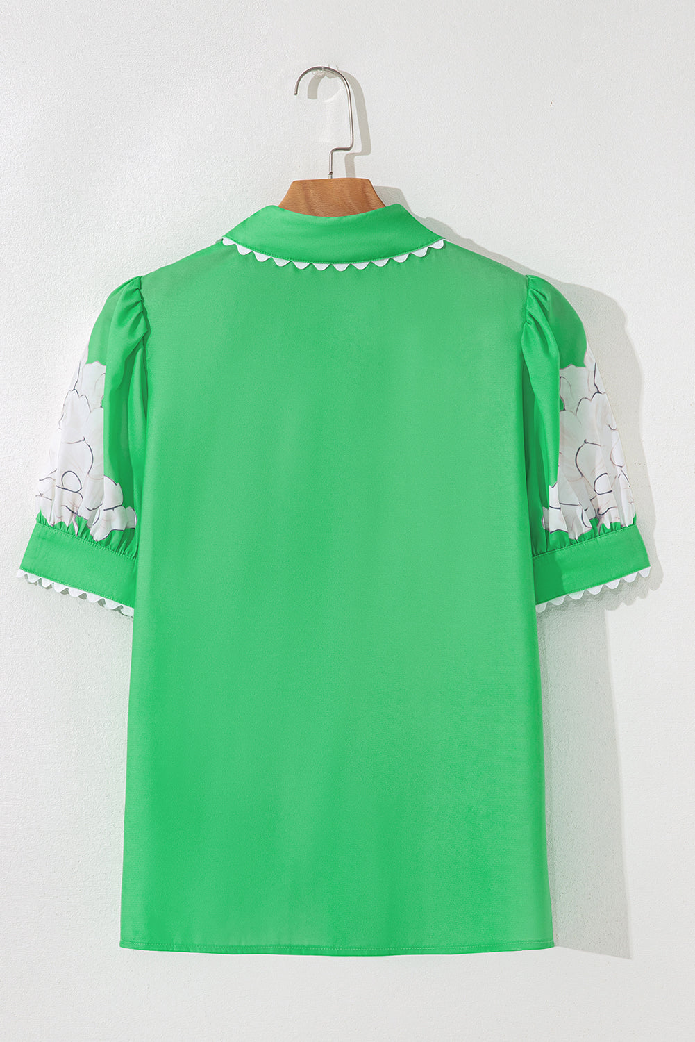 Green Floral Ric Rac Edge Puff Sleeve Button Up Summer Shirt-Tops/Blouses & Shirts-[Adult]-[Female]-2022 Online Blue Zone Planet