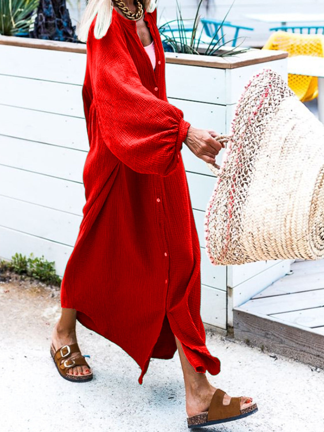 Button Down Long Sleeve Maxi Shirt Dress-TOPS / DRESSES-[Adult]-[Female]-Red-S-2022 Online Blue Zone Planet