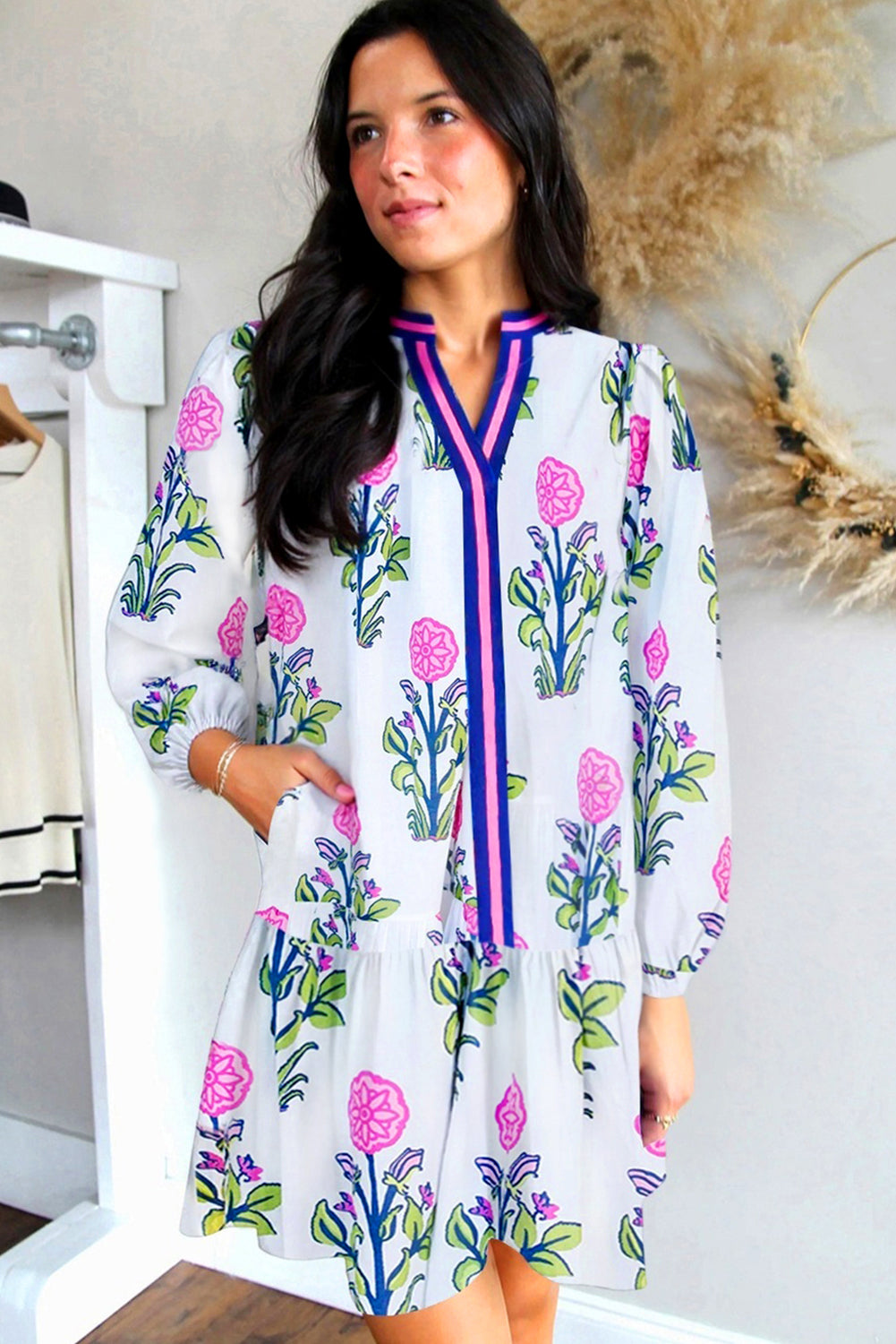 Sky Blue Floral Print Contrast Striped Trim Notched Neck Long Sleeve Dress-Dresses/Floral Dresses-[Adult]-[Female]-2022 Online Blue Zone Planet