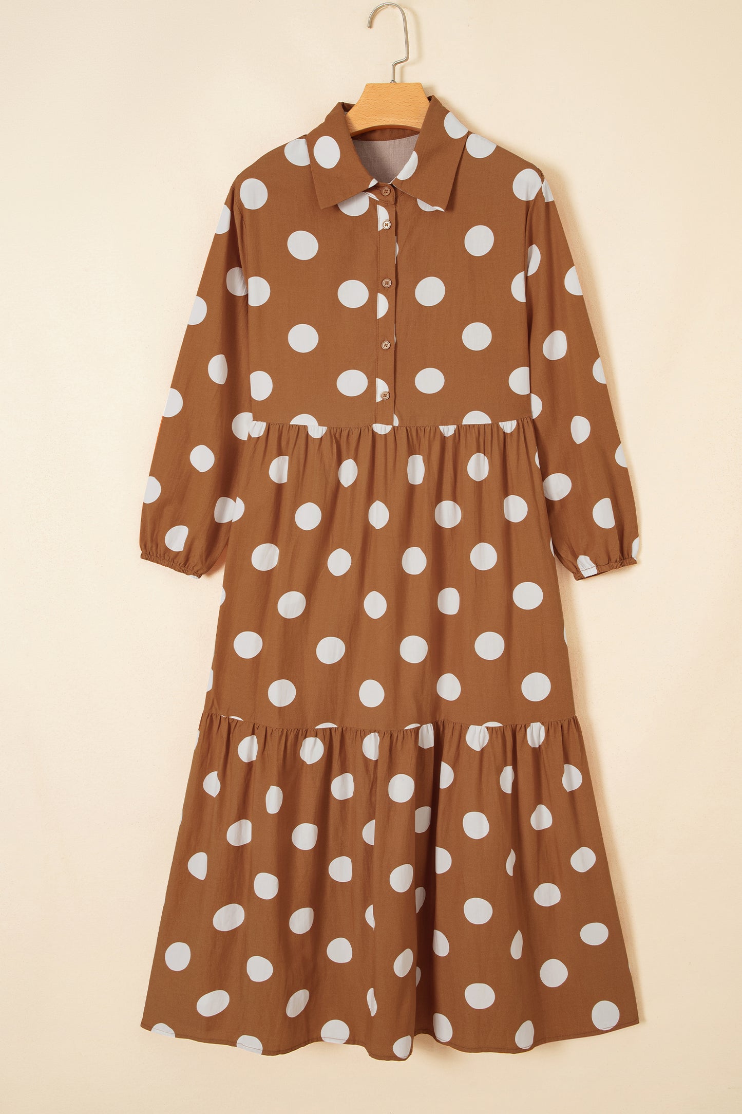 Brown Polka Dot Button Front Long Sleeve Shift Dress-TOPS / DRESSES-[Adult]-[Female]-2022 Online Blue Zone Planet