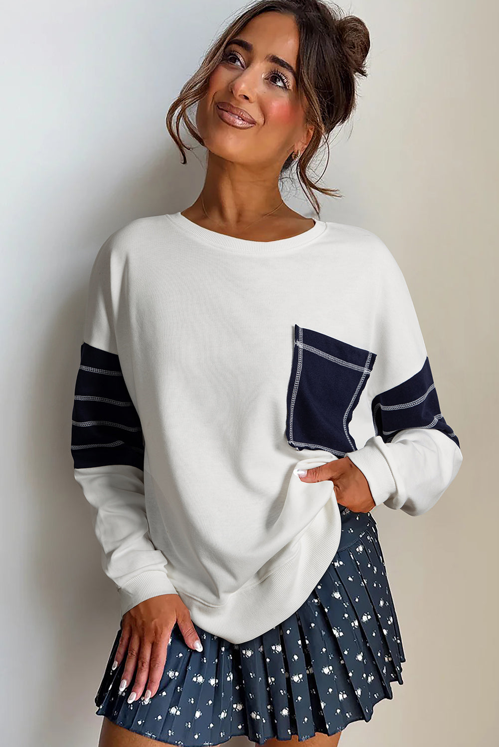 White Exposed Seam Detail Color Block Patch Pocket Drop Shoulder Sweatshirt-Tops/Sweatshirts & Hoodies-[Adult]-[Female]-2022 Online Blue Zone Planet