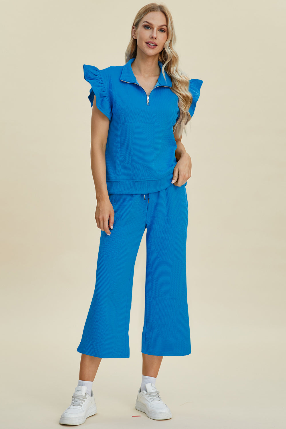 Double Take Full Size Texture Ruffle Short Sleeve Top and Wide Leg Pants Set-TOPS / DRESSES-[Adult]-[Female]-2022 Online Blue Zone Planet