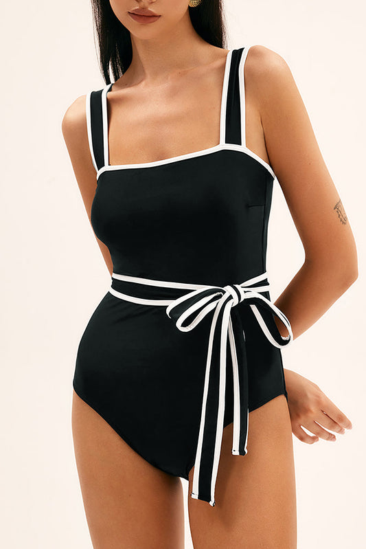 Black Colorblock Edge Belted One Piece Swimsuit-One-Piece-[Adult]-[Female]-Black-S-2022 Online Blue Zone Planet