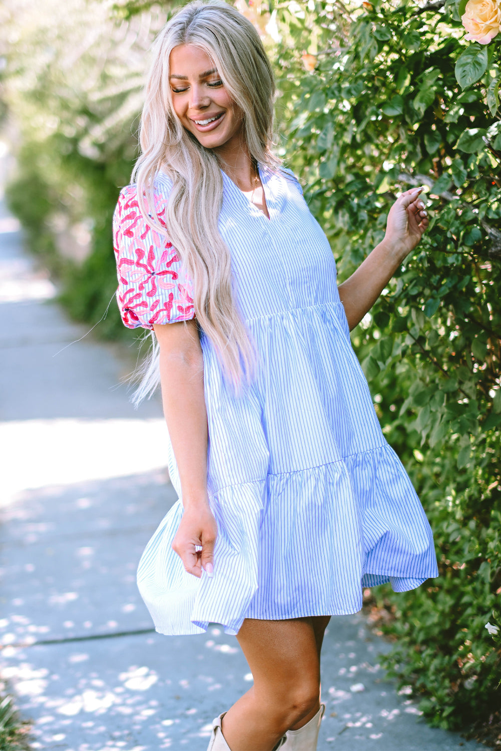 Blue Zone Planet | Sky Blue Stripe Contrast Floral Puff Sleeve Tiered Ruffle Dress-TOPS / DRESSES-[Adult]-[Female]-2022 Online Blue Zone Planet