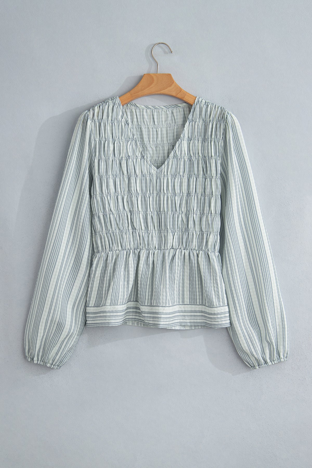 Blue Stripe V Neck Shirred Long Sleeve Blouse-Tops/Blouses & Shirts-[Adult]-[Female]-2022 Online Blue Zone Planet