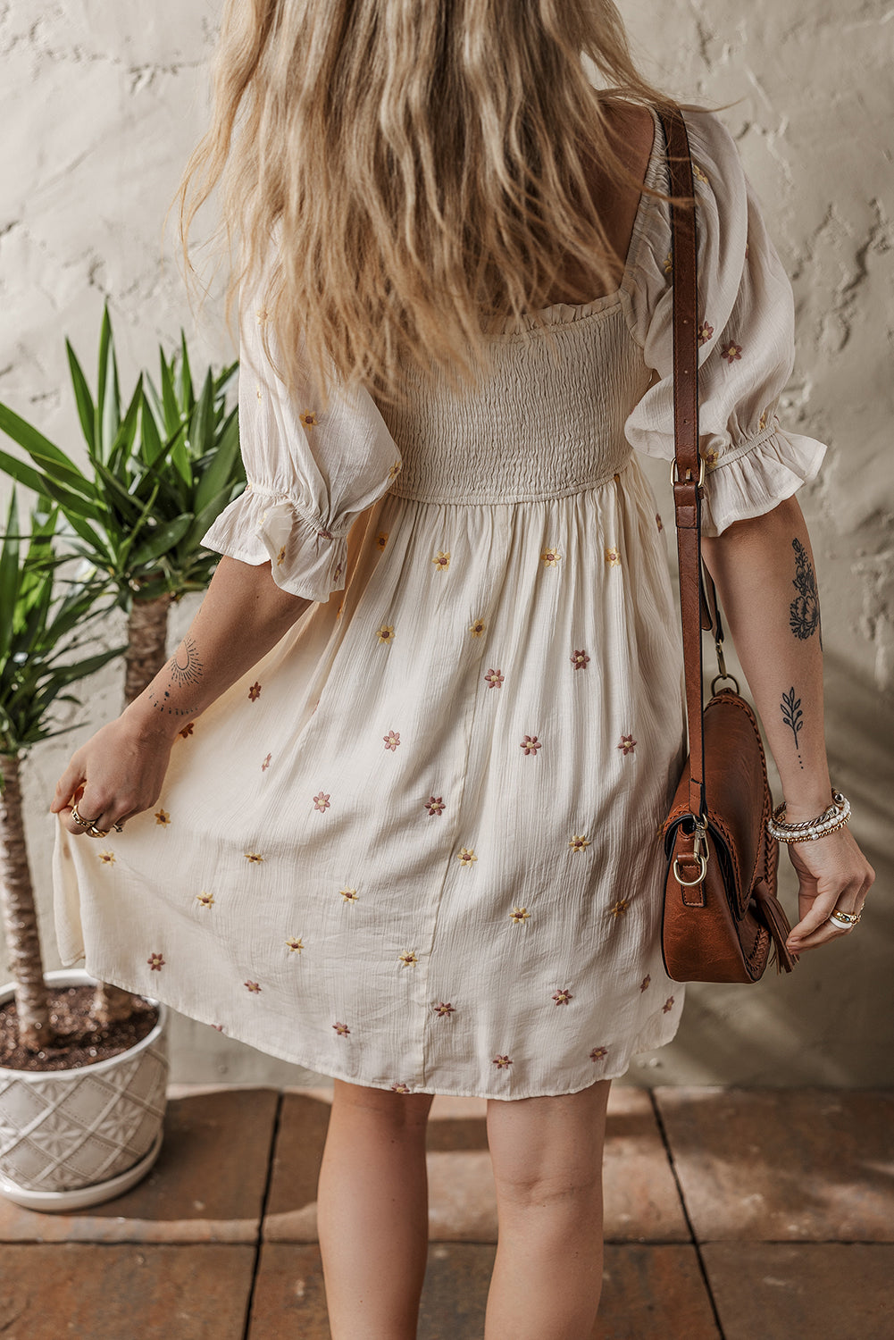 Beige Embroidered Flower Smocked Bust Half Puff Sleeve Empire Waist Textured Flowy Dress-TOPS / DRESSES-[Adult]-[Female]-2022 Online Blue Zone Planet