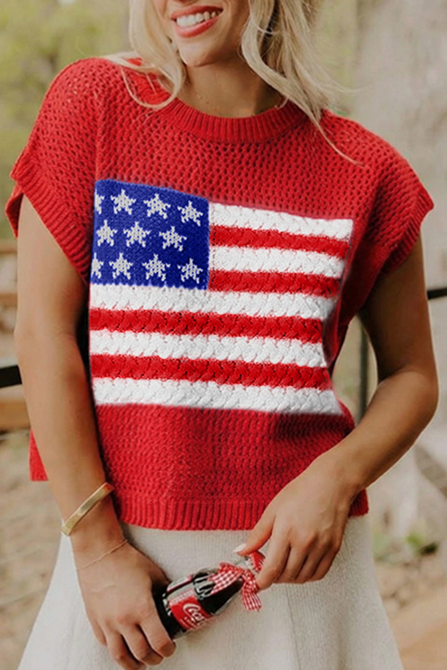 Sky Blue Flag Graphic Short Sleeve Sweater Top-TOPS / DRESSES-[Adult]-[Female]-Fiery Red-S-2022 Online Blue Zone Planet