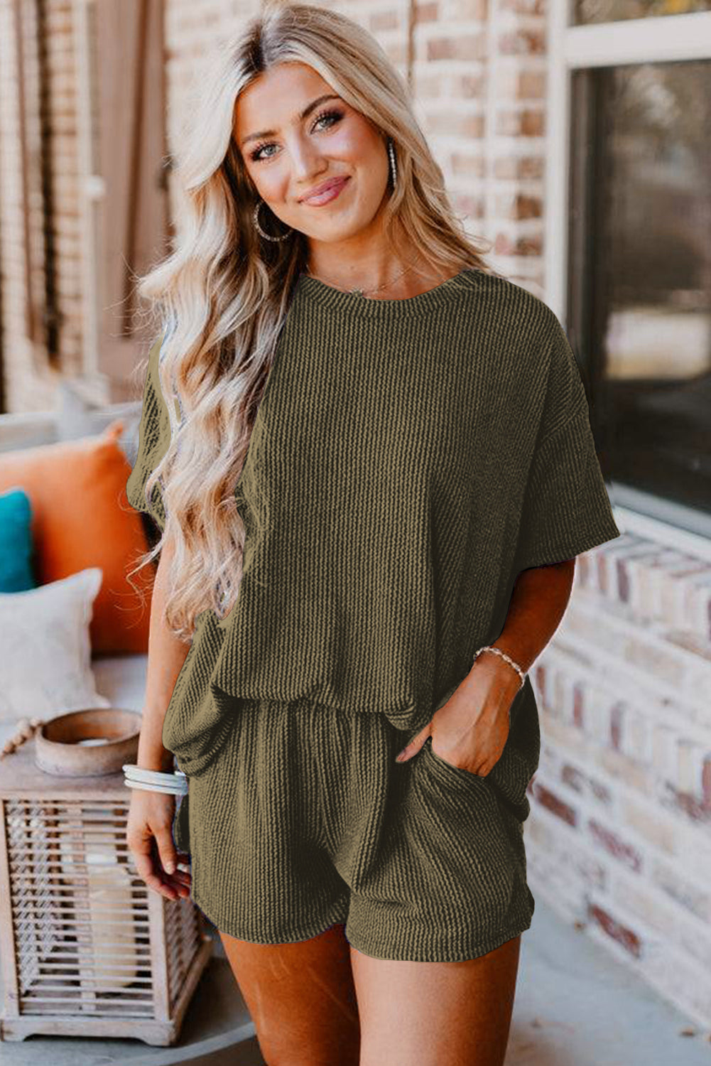 Carbon Grey Ribbed Textured Knit Loose Fit Tee and Shorts Set-Two Piece Sets/Short Sets-[Adult]-[Female]-2022 Online Blue Zone Planet