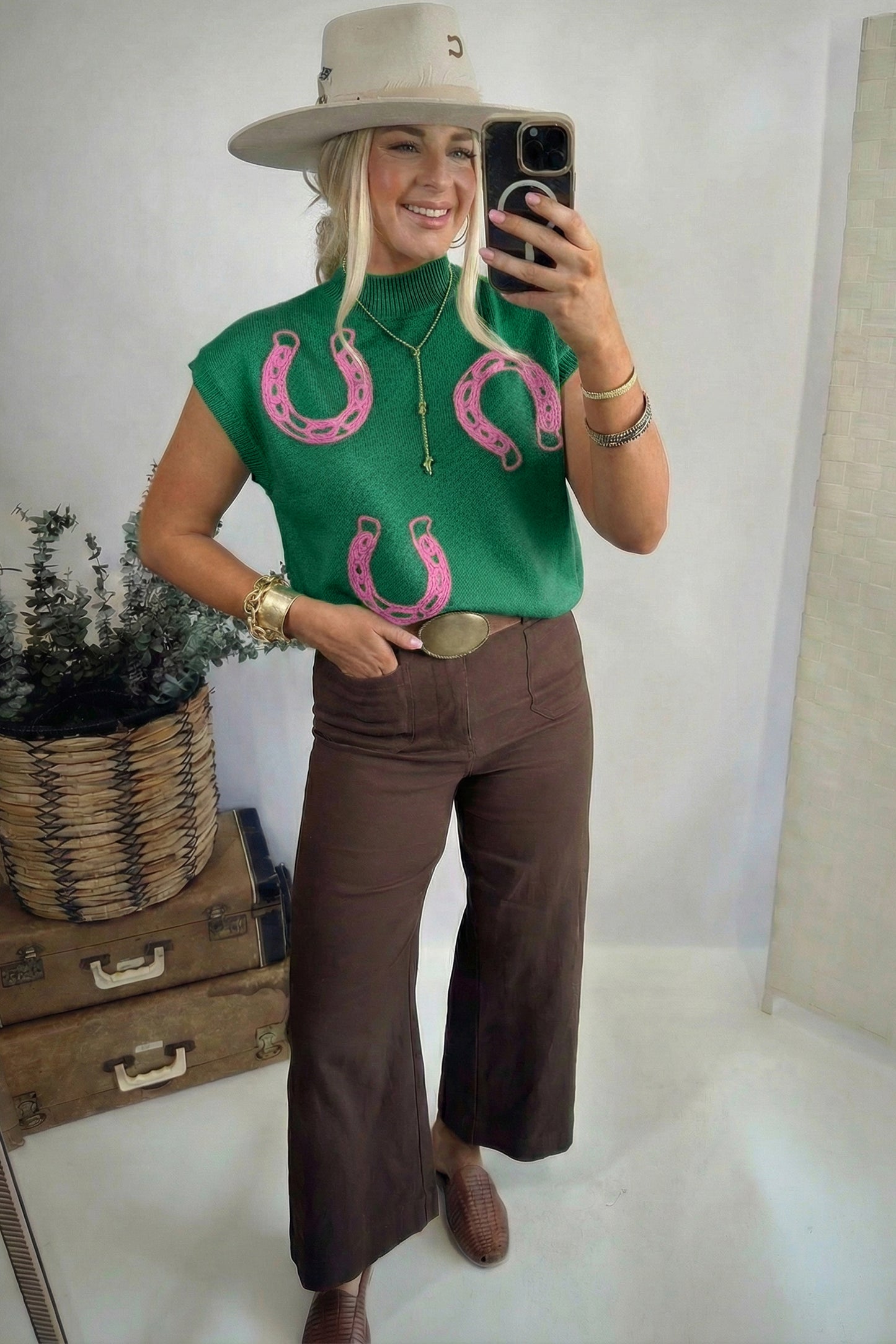 Bright Green Corded Horseshoes Ribbed Trim Mock Neck Short Sleeve Sweater-TOPS / DRESSES-[Adult]-[Female]-2022 Online Blue Zone Planet