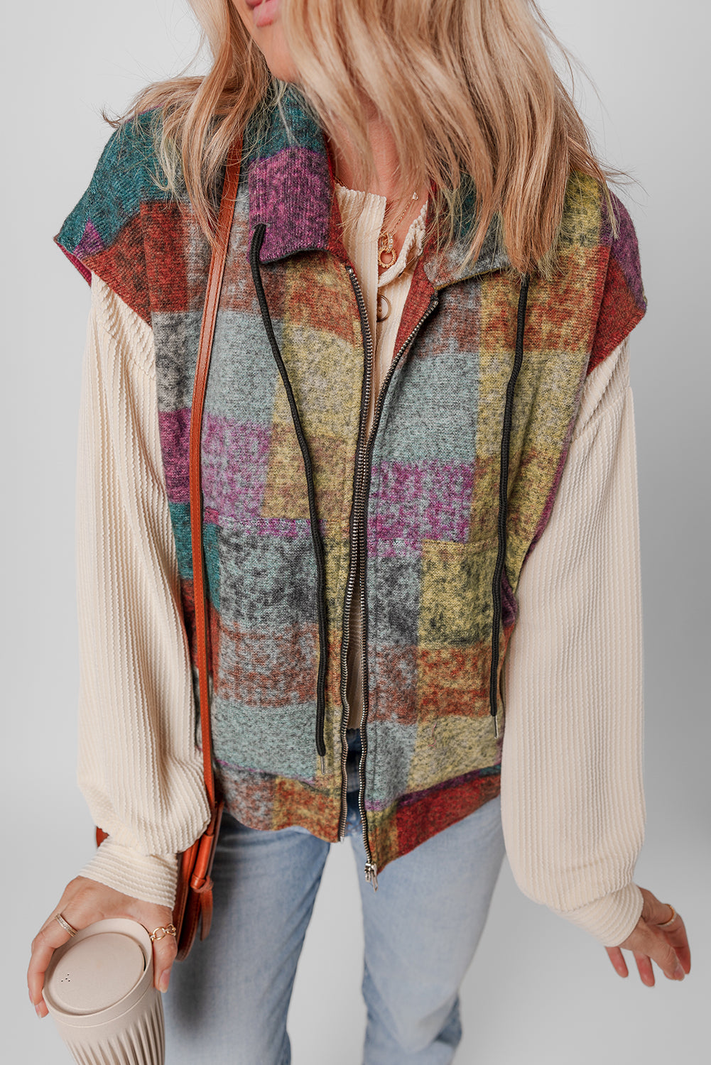 Multicolor Plaid Print Side Pockets Zipped Loose Vest-Outerwear/Vests-[Adult]-[Female]-2022 Online Blue Zone Planet