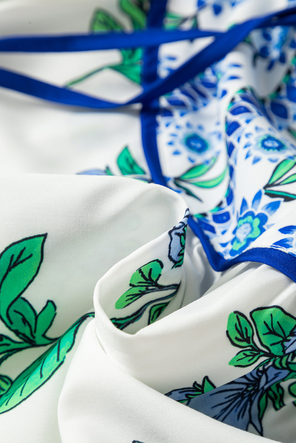 Beige Floral Print Piping Trim Tie Neck Short Sleeve Blouse-Tops/Blouses & Shirts-[Adult]-[Female]-2022 Online Blue Zone Planet