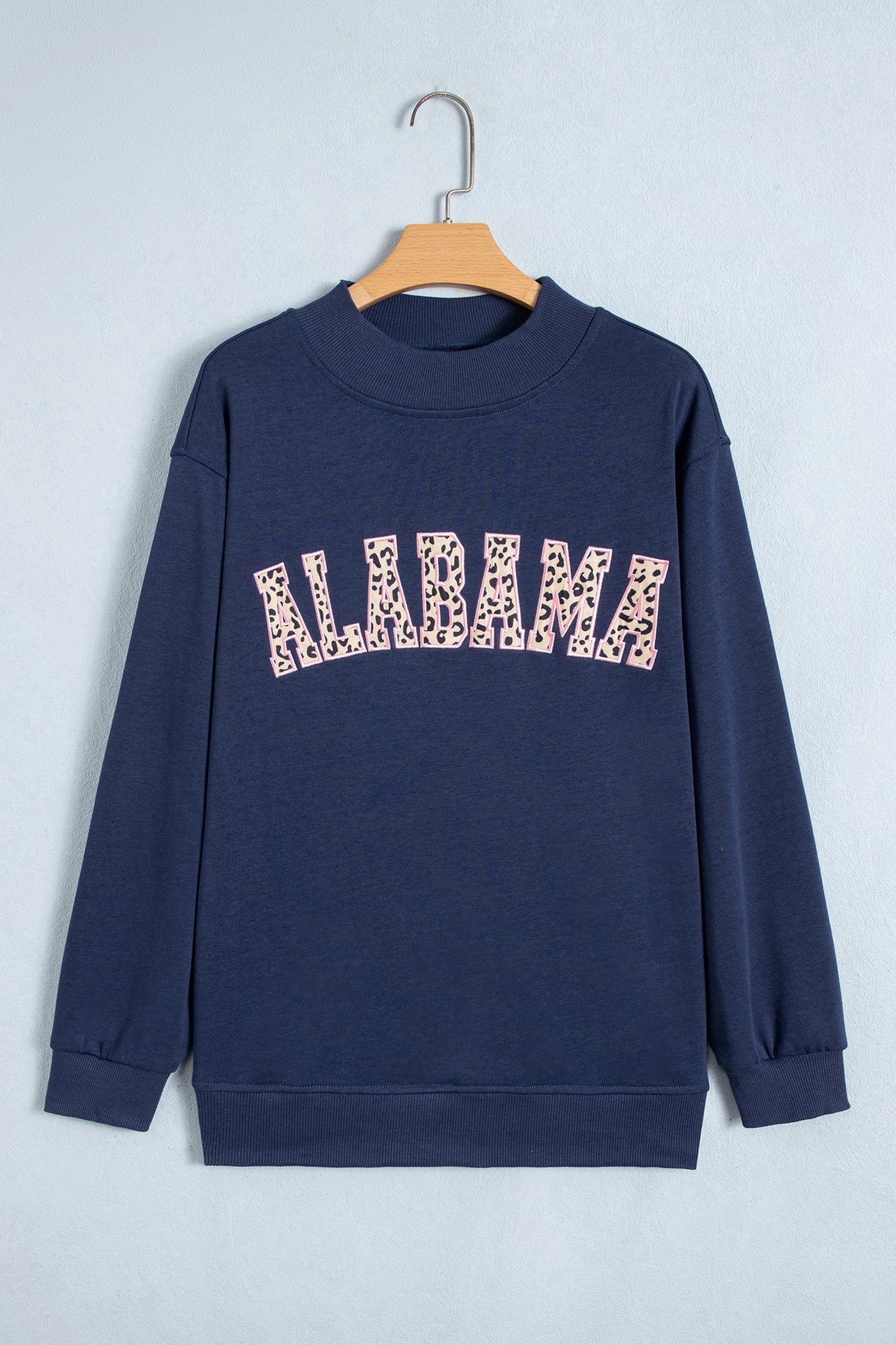 Dirty blue Embroidered Leopard Alabama High Neck Long Sleeve Tunic Sweatshirt-Tops/Sweatshirts & Hoodies-[Adult]-[Female]-2022 Online Blue Zone Planet