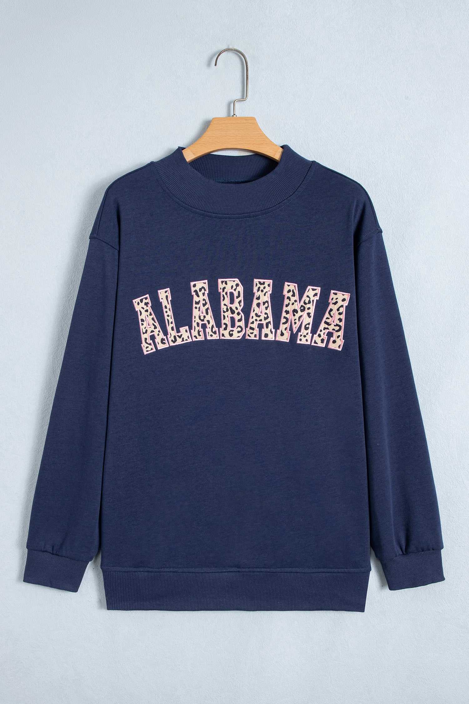 Dirty blue Embroidered Leopard Alabama High Neck Long Sleeve Tunic Sweatshirt-Tops/Sweatshirts & Hoodies-[Adult]-[Female]-2022 Online Blue Zone Planet