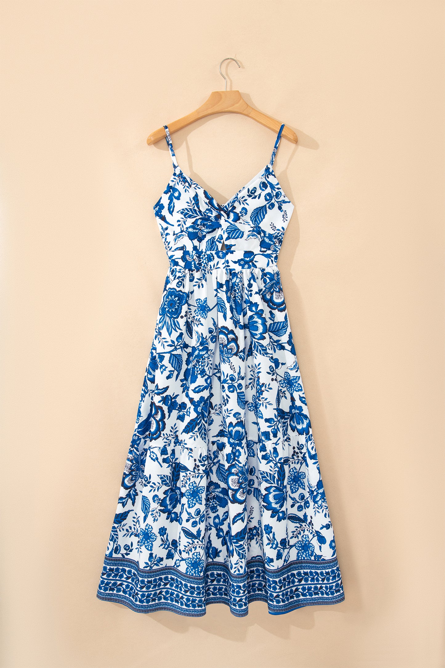 Sky Blue Twisted Bust Spaghetti Straps Backless Floral Maxi Dress-Dresses/Floral Dresses-[Adult]-[Female]-2022 Online Blue Zone Planet