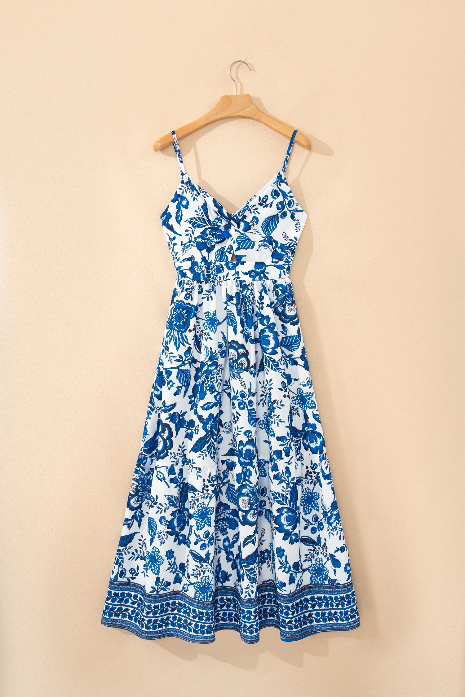 Sky Blue Twisted Bust Spaghetti Straps Backless Floral Maxi Dress-Dresses/Floral Dresses-[Adult]-[Female]-2022 Online Blue Zone Planet