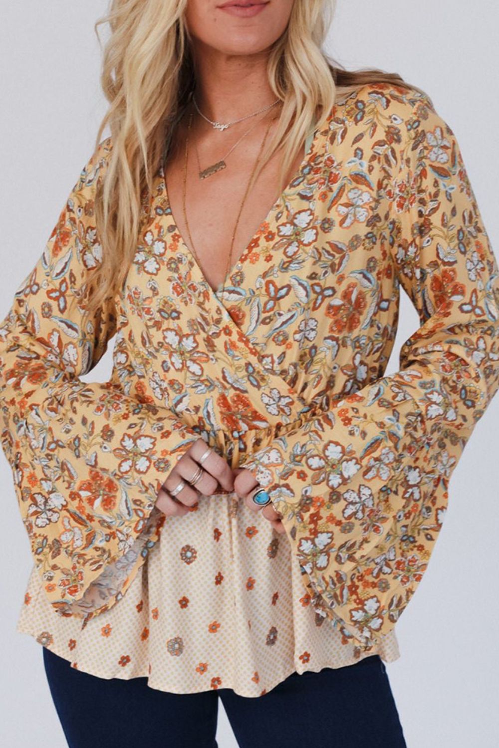Blue Zone Planet | Peplum Printed Surplice Flare Sleeve Blouse-TOPS / DRESSES-[Adult]-[Female]-2022 Online Blue Zone Planet
