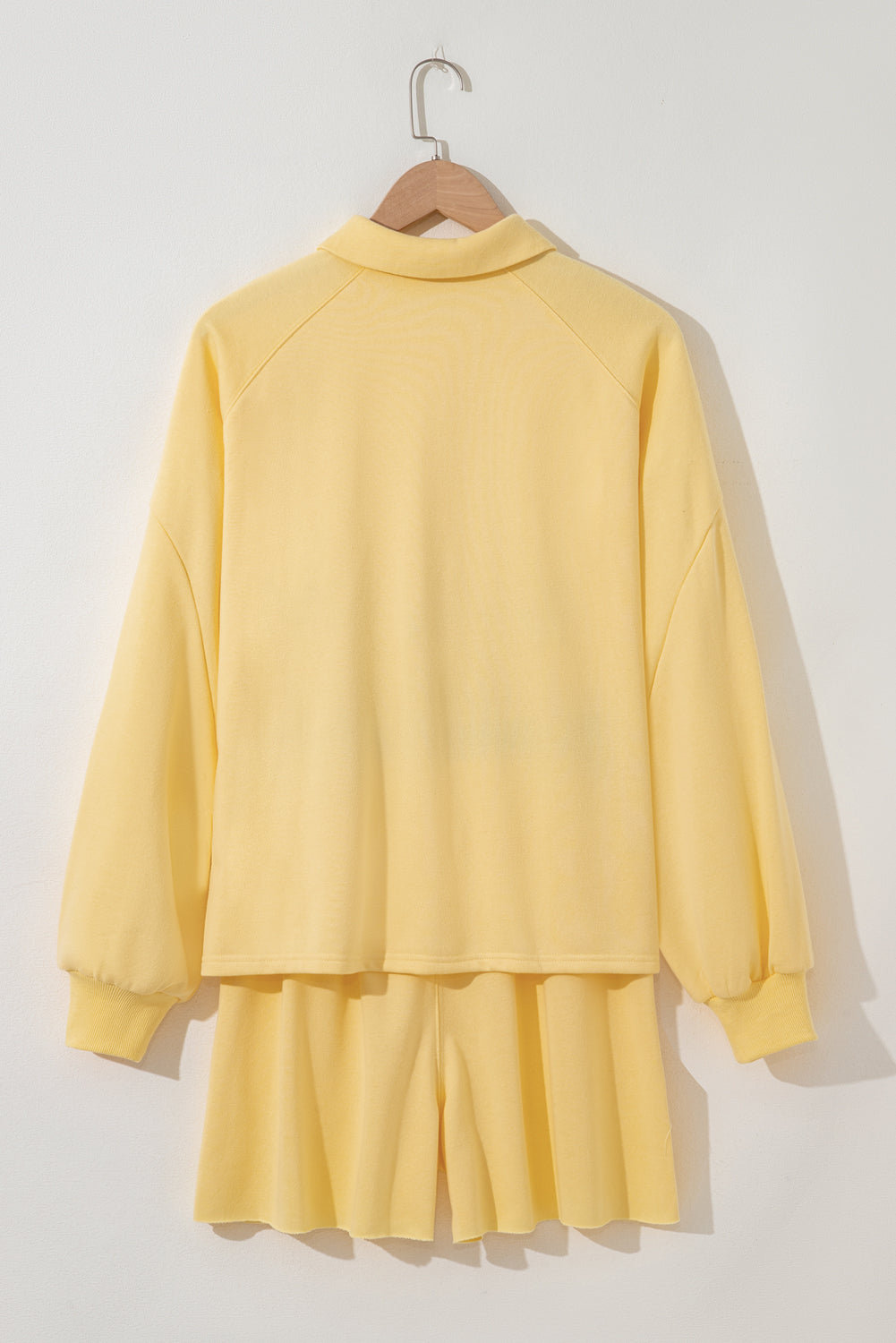 Yellow Cream Button Collar Drop Shoulder Pullover and Shorts 2pcs Outfit-Two Piece Sets/Short Sets-[Adult]-[Female]-2022 Online Blue Zone Planet